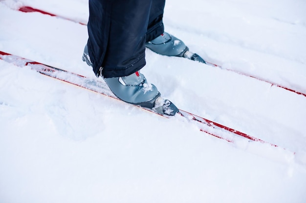 Nahaufnahme von Skiern und Skihalterungen, die an einem klaren, sonnigen Tag im Winterschnee fahren?