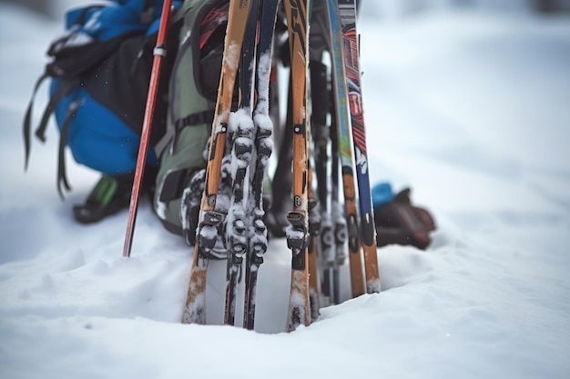 Foto nahaufnahme von skistöcken und ausrüstung im schnee, erstellt mit generativer ki