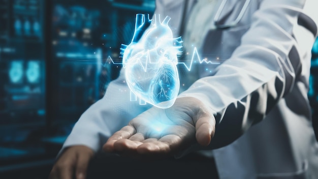 Nahaufnahme von Smart Doctor sitzen und zeigen Herz Hologramm schwimmt auf der Hand Remedial