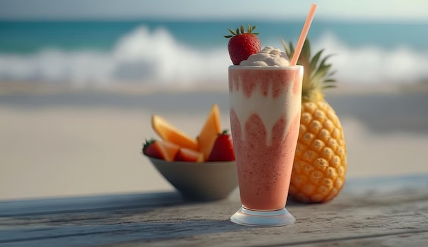 Nahaufnahme von Smoothie-Frappe-Fruchtsaft mit anderen Früchten auf Holzhintergrund mit generativer KI