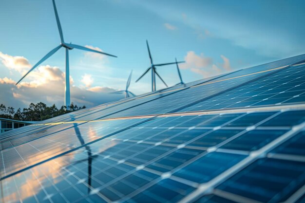 Nahaufnahme von Sonnenpanelen mit Windturbinen gegen den Himmel