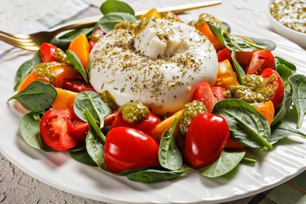 Nahaufnahme von Spinat, Tomaten und Burrata-Käse-Salat mit Basilikum-Pesto-Dressing auf einem weißen Teller, italienische Küche