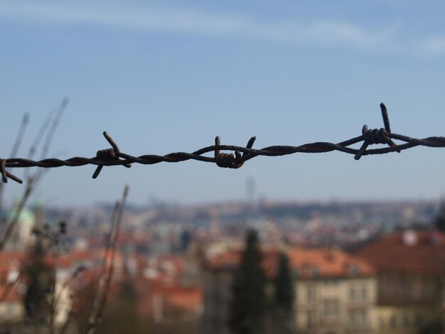 Nahaufnahme von Stacheldraht gegen den Himmel in der Stadt