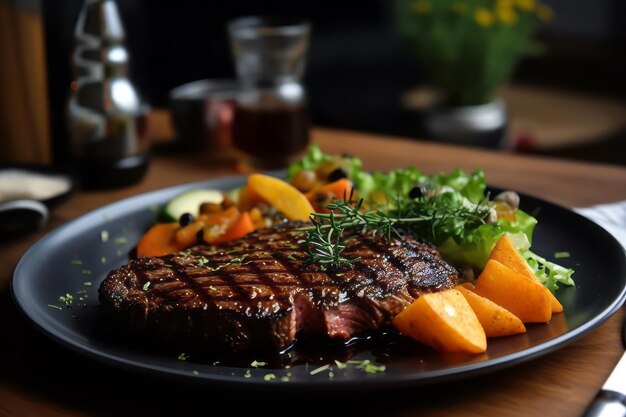 Nahaufnahme von Steak-Mahlzeit, die in einer generativen KI-Teller serviert wird