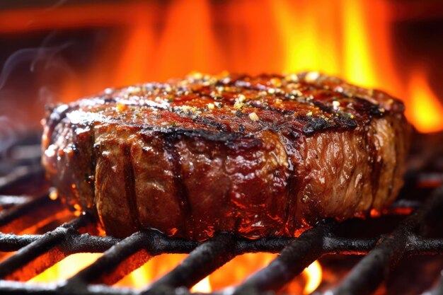 Nahaufnahme von steak sizzling auf heißem BBQ-Grill erstellt mit generativen ai