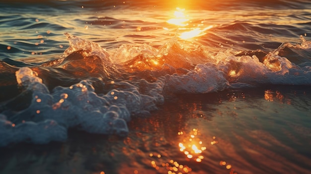 Nahaufnahme von Strandwellen mit Sonnenuntergang