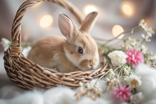 Nahaufnahme von süßem Osterhase in einem Holzkorb mit Blumen ai erzeugt