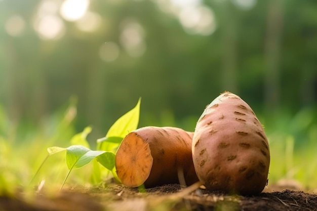 Nahaufnahme von Süßkartoffeln auf Naturhintergrund mit Kopierraum Gesundes veganes vegetarisches Essenskonzept