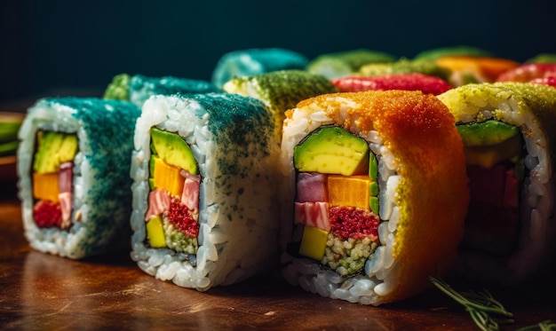 Nahaufnahme von Sushi mit verschiedenen Toppings auf dem Tisch Generative KI