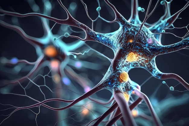 Nahaufnahme von Synapsen mit elektrischen Impulsen, die zwischen Neuronen springen
