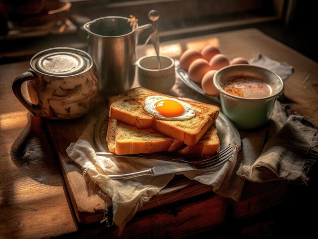 Foto nahaufnahme von toast, spiegeleiern und kaffee auf einem holztisch. generative ki