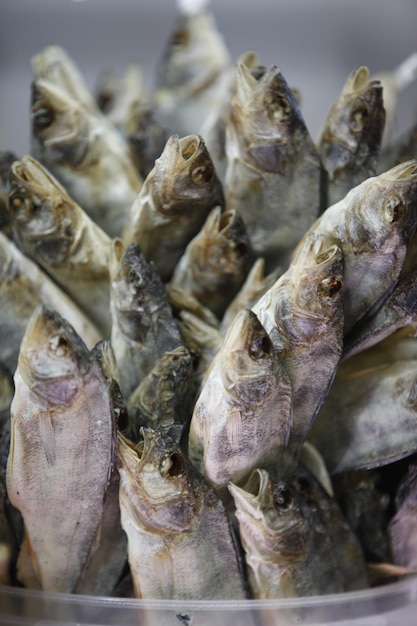 Nahaufnahme von toten Fischen zum Verkauf auf dem Marktstand