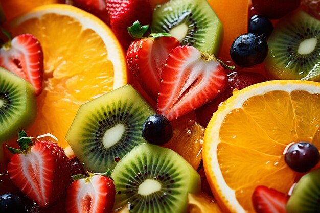 Nahaufnahme von tropischen Früchten in einem Fruchtsalat mit Sommerthema