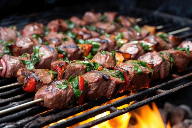 Nahaufnahme von verkohlten Lammspiessen auf dem Grill