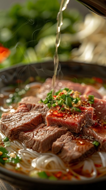 Nahaufnahme von vietnamesischem Pho mit Rindfleisch und frischen Kräutern