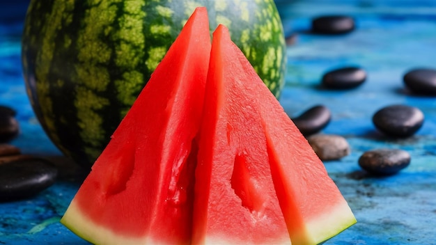 Nahaufnahme von Wassermelonen, rote reife Scheiben und schwarze Steine, die über blau isoliert sind