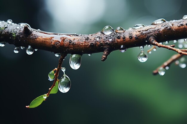 Nahaufnahme von Wassertropfen am alten Ast, wenn es auf den Wald regnet