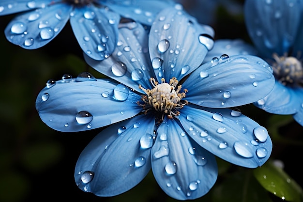 Nahaufnahme von Wassertropfen auf einer blauen Blume. Generative KI