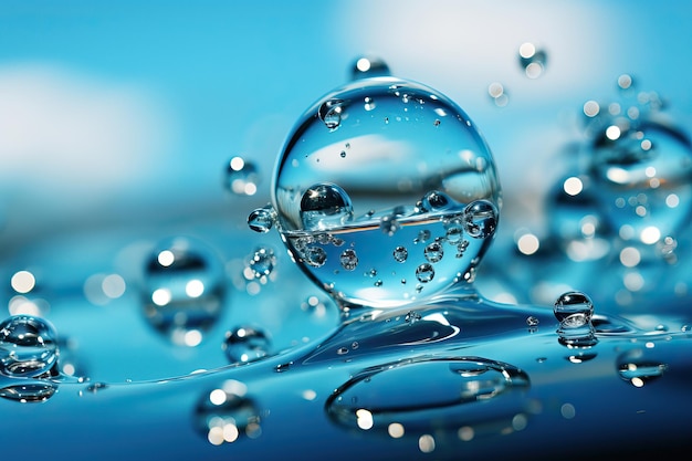 Nahaufnahme von Wassertropfen auf einer blauen OberflächeWasserstropfen auf blauem HintergrundWasserstropien auf blau