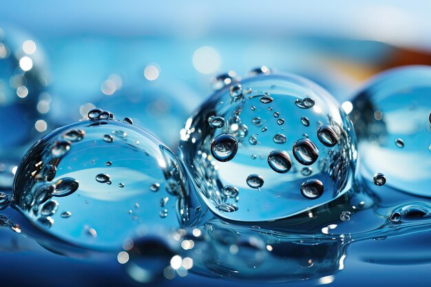 Nahaufnahme von Wassertropfen auf einer blauen OberflächeWasserstropfen auf blauem HintergrundWasserstropien auf blau