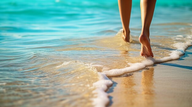 Nahaufnahme von weiblichen Beinen, die am Meeresstrand laufen