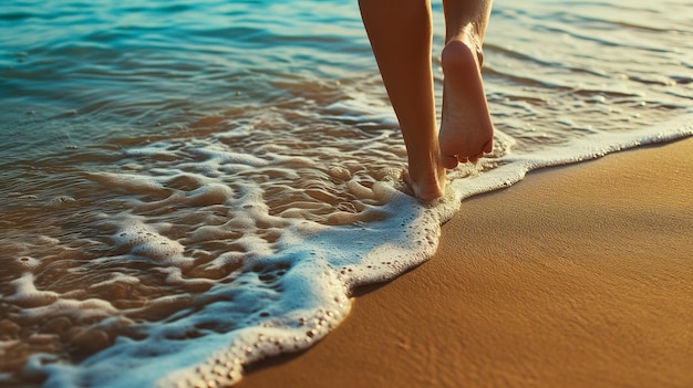 Nahaufnahme von weiblichen Beinen, die am Meeresstrand laufen