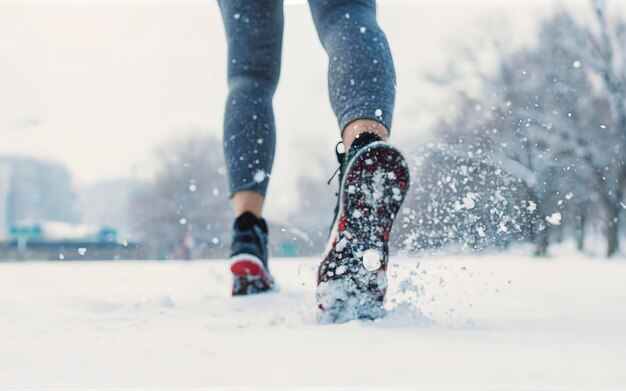 Nahaufnahme von weiblichen Beinen in Sneakers, die laufen und Schnee treten, Schneewetterkonzept