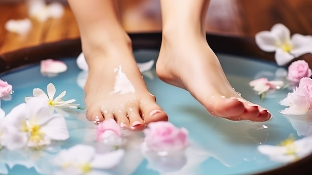 Nahaufnahme von weiblichen Füßen im Spa-Salon bei einer Pediküre. Weibliche Beine in Wasserdekoration