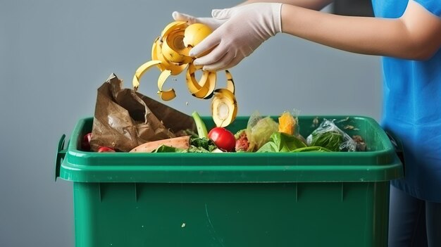 Foto nahaufnahme von weiblichen händen in gummihandschuhen, die obst und gemüse in den mülleimer werfen