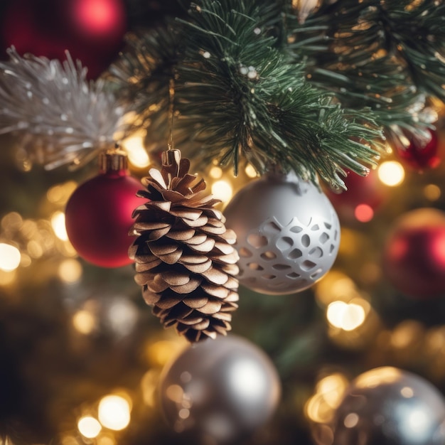 Nahaufnahme von Weihnachtsbaum-Ornamenten in Rot und Silber vor einem defokussierten Lichthintergrund