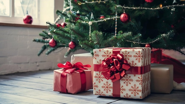 Nahaufnahme von Weihnachtsbaum und eingewickeltem Geschenk zu Hause