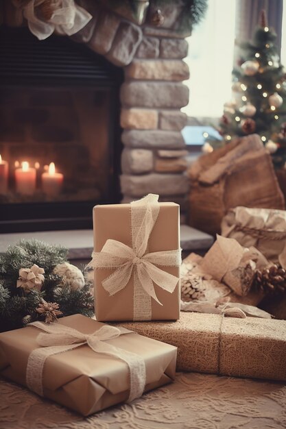 Nahaufnahme von Weihnachtsgeschenken, die mit wiederverwendbarem Verpackungspapier geschmückt sind