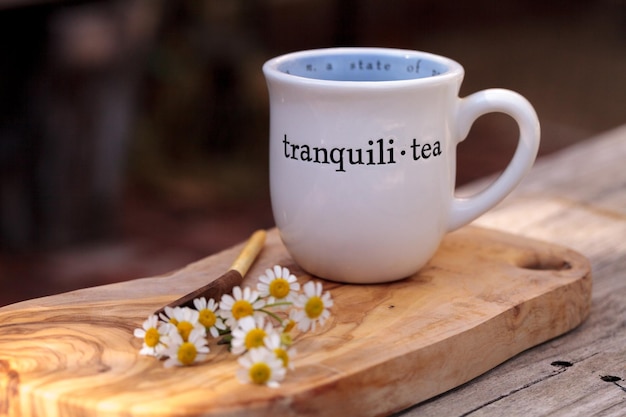 Nahaufnahme von weißen Gänseblümchen mit Kräutertee auf dem Tisch