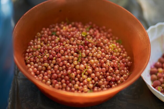 Nahaufnahme von weißen Johannisbeeren in einer orangefarbenen Schüssel White Creek Crust Nahaufnahme Beeren