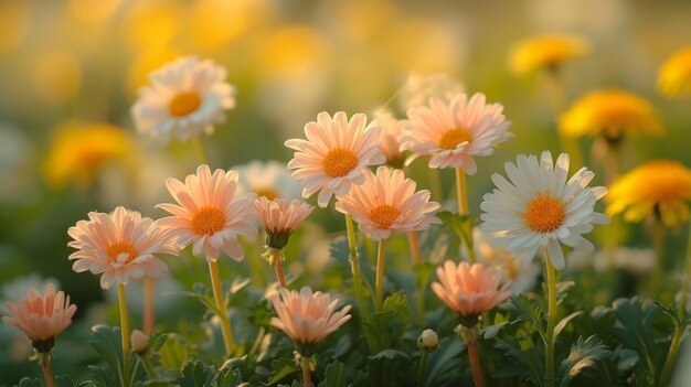 Nahaufnahme von weißen und rosa Gänseblümchen auf einem Feld