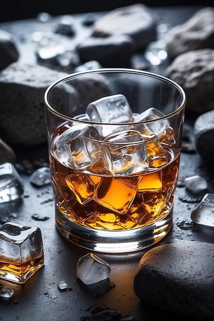 Nahaufnahme von Whisky und Eis auf Felsen Generative KI