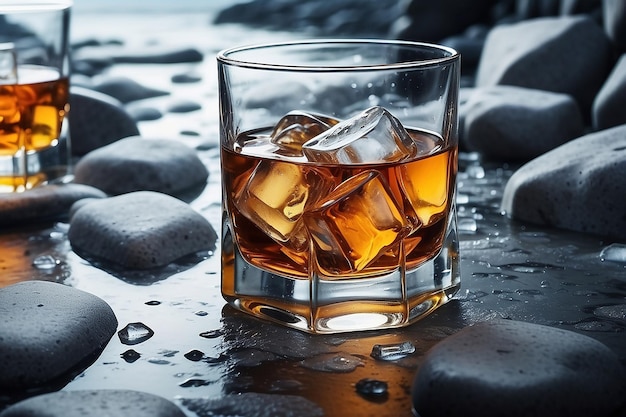 Nahaufnahme von Whisky und Eis auf Felsen Generative KI