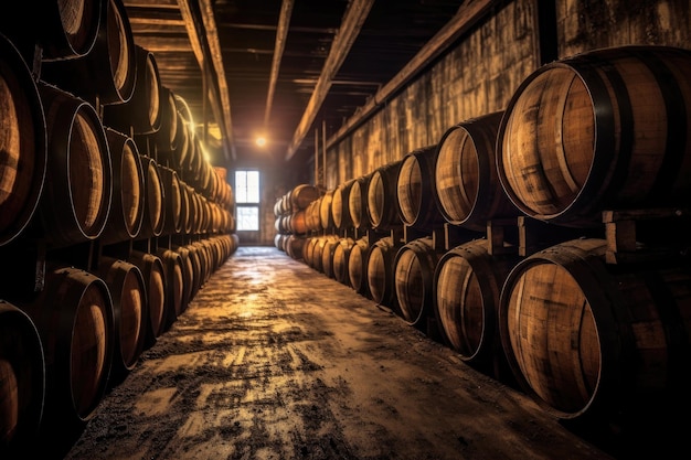 Nahaufnahme von Whiskyfässern, die in einem dunklen Lagerhaus altern, das mit generativer KI erstellt wurde
