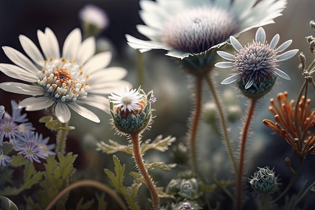 Nahaufnahme von Wiesenblumen mit Fokus auf komplizierte Details