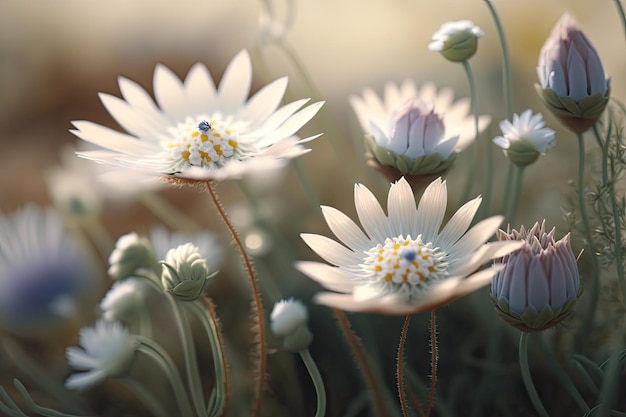 Nahaufnahme von Wiesenblumen mit ihren komplizierten und zarten Blütenblättern im Blickfeld