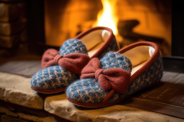 Foto nahaufnahme von wollpantoffeln vor einem prasselnden kamin