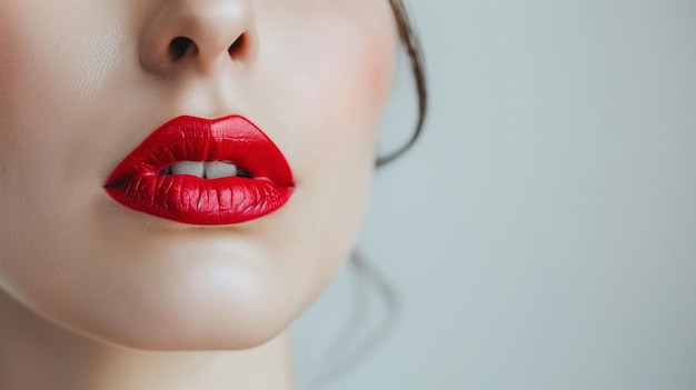 Nahaufnahme von Women's Plump Red Lips Schönheits- und Make-up-Konzept