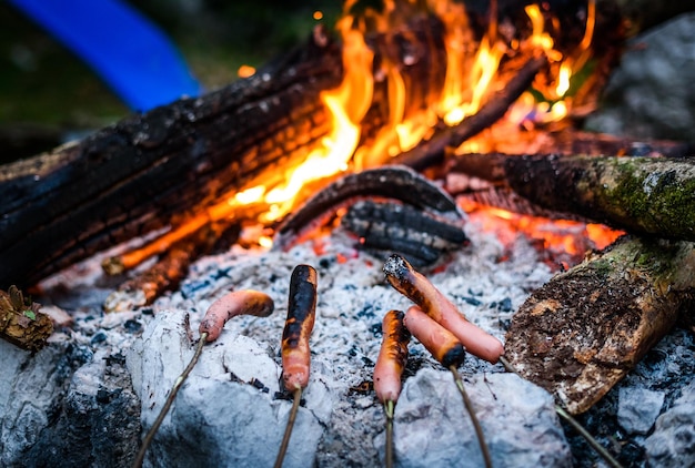 Nahaufnahme von Würstchen, die am Lagerfeuer gekocht werden