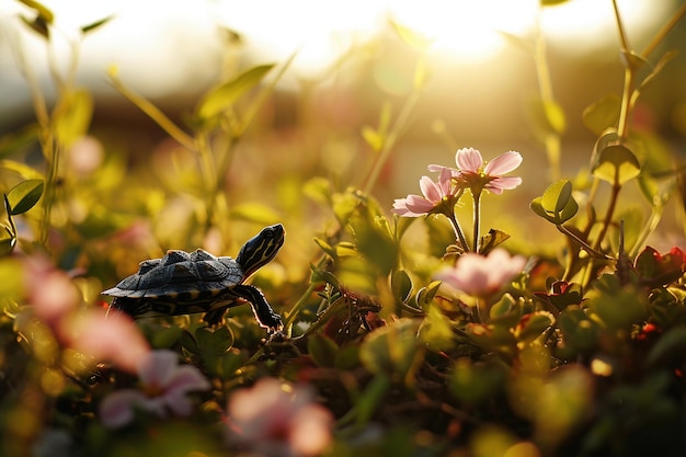 Nahaufnahme von wunderschöner Natur mit Blumen und Schildkröten