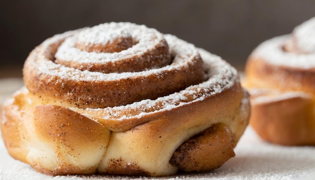 Nahaufnahme von Zimtbrötchen mit Zuckerpulver Frische Bäckerei