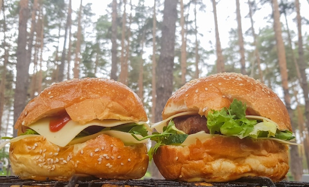 Nahaufnahme von zwei großen DIY-Hamburgern im Park auf einem Grill, Ruhe und Kochen bei einem Picknick im Sommer, Essen, köstliche, helle Farben. Ungesundes Lebensmittelkonzept. Fastfood.