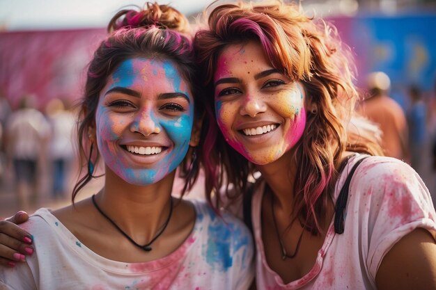 Foto nahaufnahme von zwei jungen frauen, die ihre bemalten hände mit holi-farbe zeigen