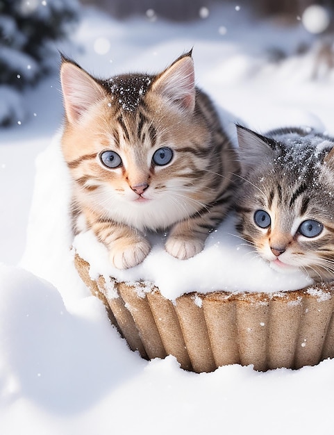 Nahaufnahme von zwei Kätzchen, die auf einem Schneehaufen sitzen