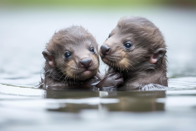 Nahaufnahme von zwei Otterbabys, die sich an den Händen halten und auf dem Wasser schwimmen, erstellt mit generativer KI