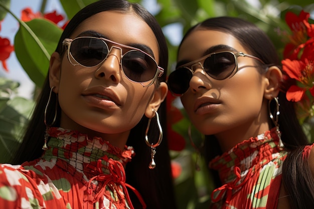 Nahaufnahme von zwei schönen jungen hispanischen Frauen in Sonnenbrillen und traditionellen ethnischen Kleidern